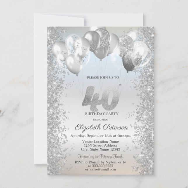 Invitation Parties scintillant d'argent Balloons Confetti 40e (Devant)