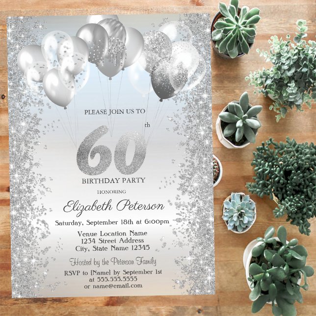 Invitation Parties scintillant d'argent Balloons Confetti 60e (Créateur téléchargé)