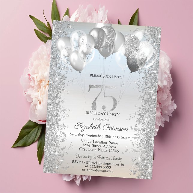 Invitation Parties scintillant d'argent Balloons Confetti 75e (Créateur téléchargé)