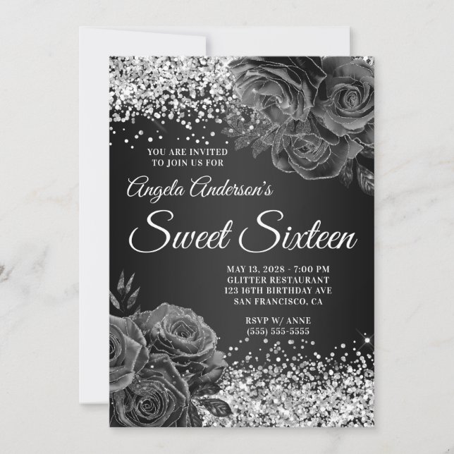 Invitation Parties scintillant d'argent Black Floral Glam Swe (Devant)