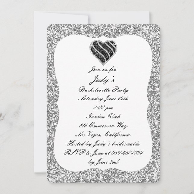 Invitation Parties scintillant d'argent Black Heart Bachelore (Devant)