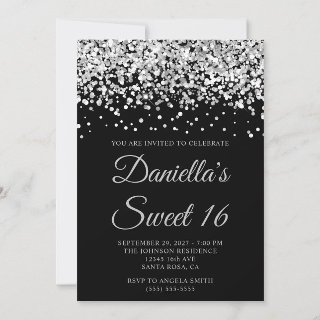 Invitation Parties scintillant d'argent Black Sweet 16 (Devant)