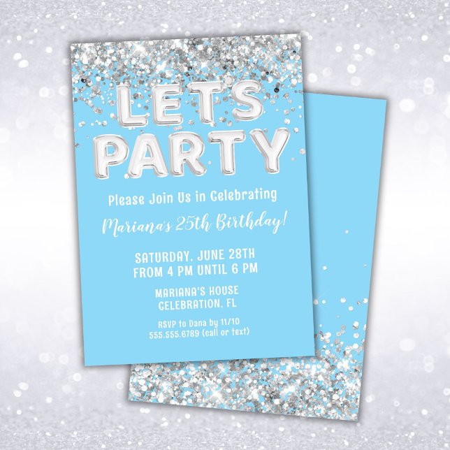 Invitation Parties scintillant d'argent bleu clair fête d'ann (Créateur téléchargé)