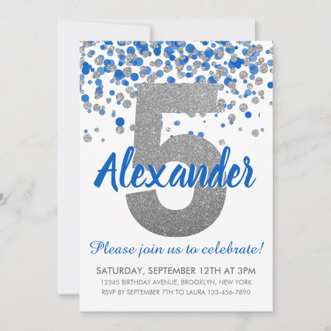 Invitation Parties scintillant d'argent bleu Confetti Boy Cin (Devant)