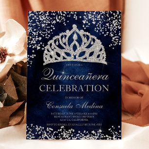 Invitation Parties scintillant d'argent bleu marine photo tia