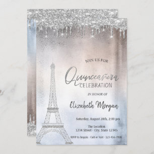 Invitation Parties scintillant d'argent chute tour Eiffel Qui