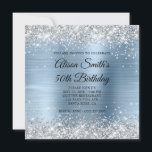 Invitation Parties scintillant d'argent clair Monogramme bleu<br><div class="desc">Une invitation à 50e anniversaire de glamour fillette pour elle avec parties scintillant en argent brillant contre une feuille en métal brossé bleu clair. Customisez le style de police de calligraphie dans le monogramme noir et blanc sur le côté arrière, ou le style de police moderne tous les casquettes à...</div>