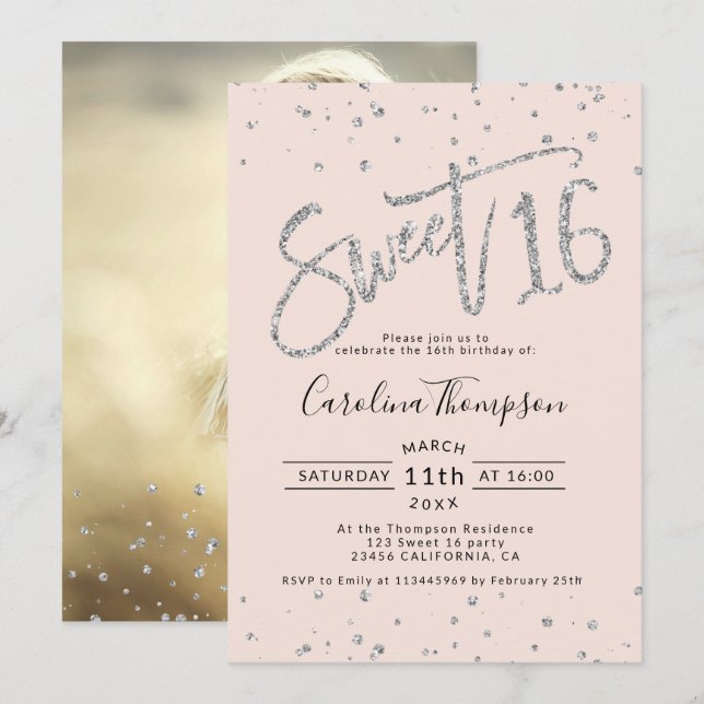 Invitation Parties scintillant d'argent confetti blush Sweet  (Devant / Derrière)