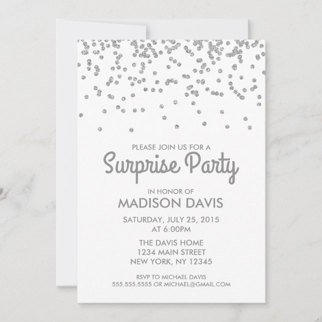 Invitation Parties scintillant d'argent Confetti Surprise fêt (Devant)
