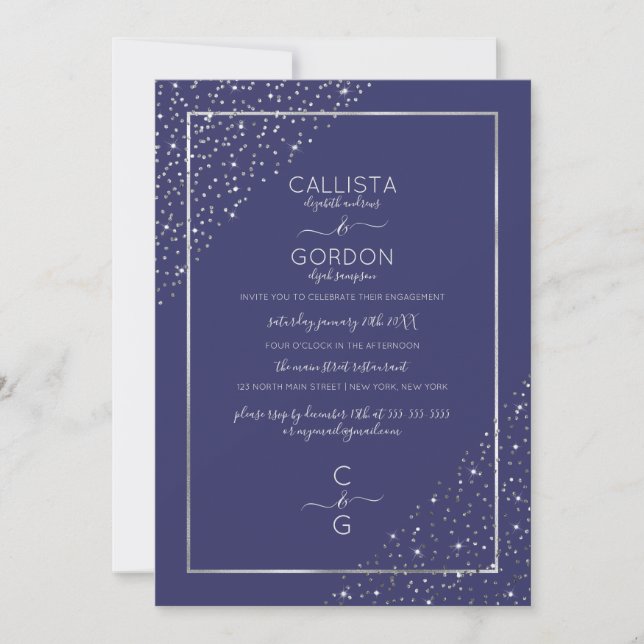 Invitation Parties scintillant d'argent de la marine Confetti (Devant)