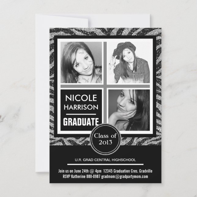 Invitation Parties scintillant d'argent de Mod Faux Zebra 3 - (Devant)