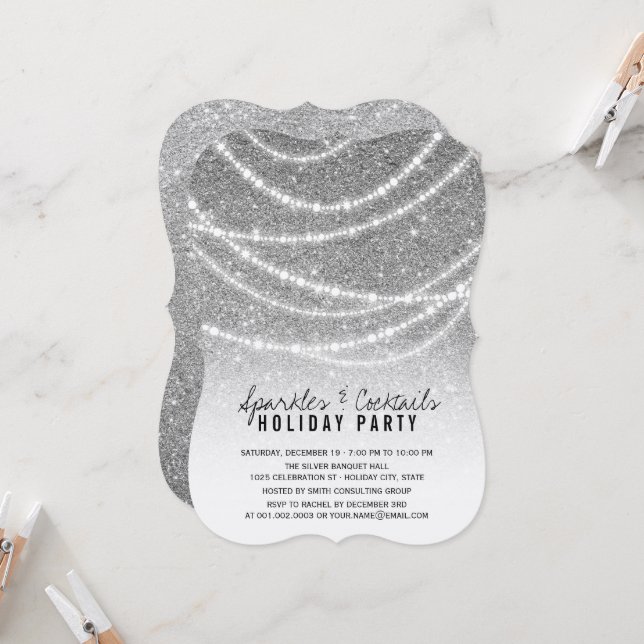 Invitation Parties scintillant D'Argent De Vacances Étincelle (Devant/Arrière en situation)