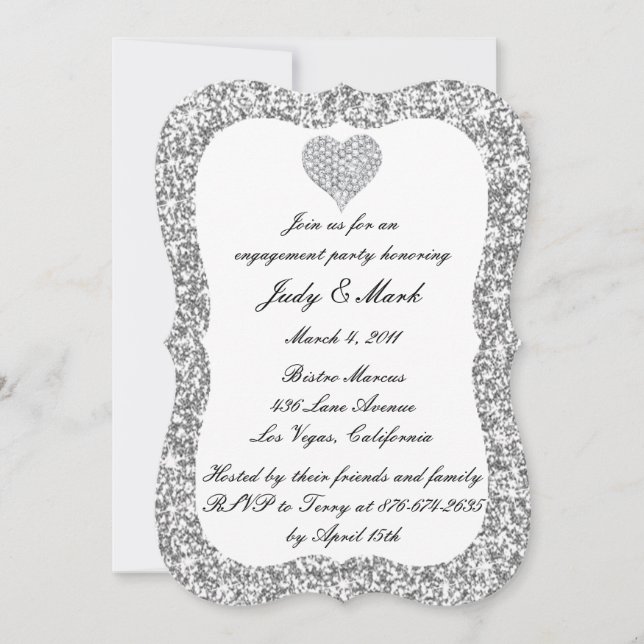 Invitation Parties scintillant d'argent Diamond Heart Engagem (Devant)