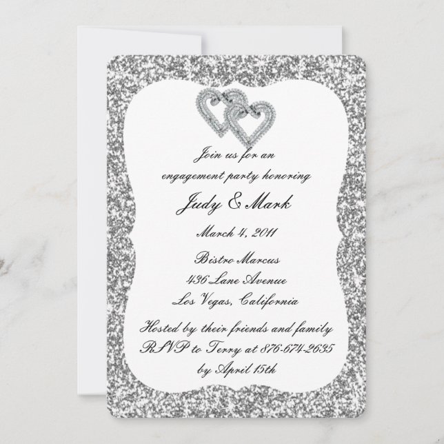 Invitation Parties scintillant d'argent Diamond Hearts Engage (Devant)
