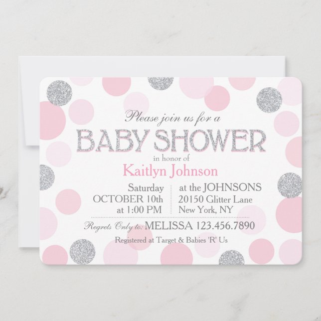 Invitation Parties scintillant d'argent et Baby shower de poi (Devant)