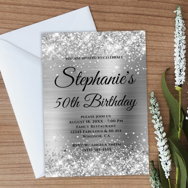 Invitation Parties scintillant d'argent et le monogramme fant (Create your own silvery glitter and foil artwork birthday invite.)