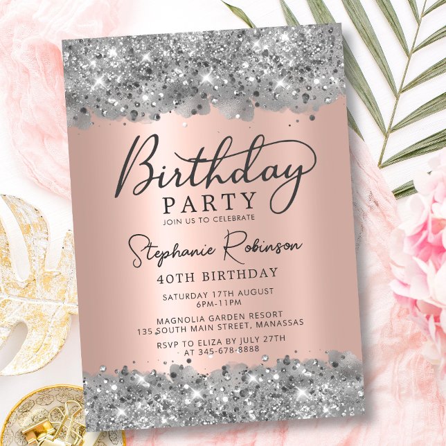 Invitation Parties scintillant d'argent et Rose Gold Foil 40e (Créateur téléchargé)
