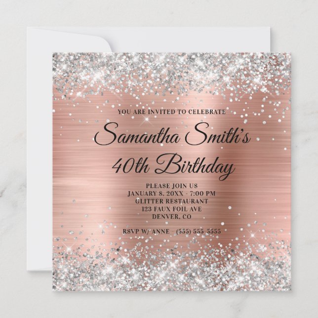 Invitation Parties scintillant d'argent et Rose Gold Foil 40e (Devant)
