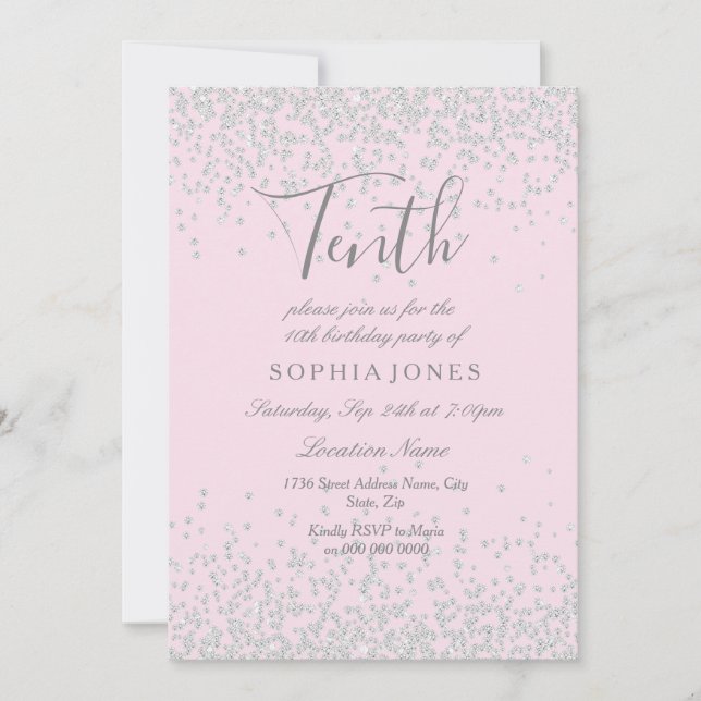 Invitation Parties scintillant d'argent Filles roses 10ème an (Devant)