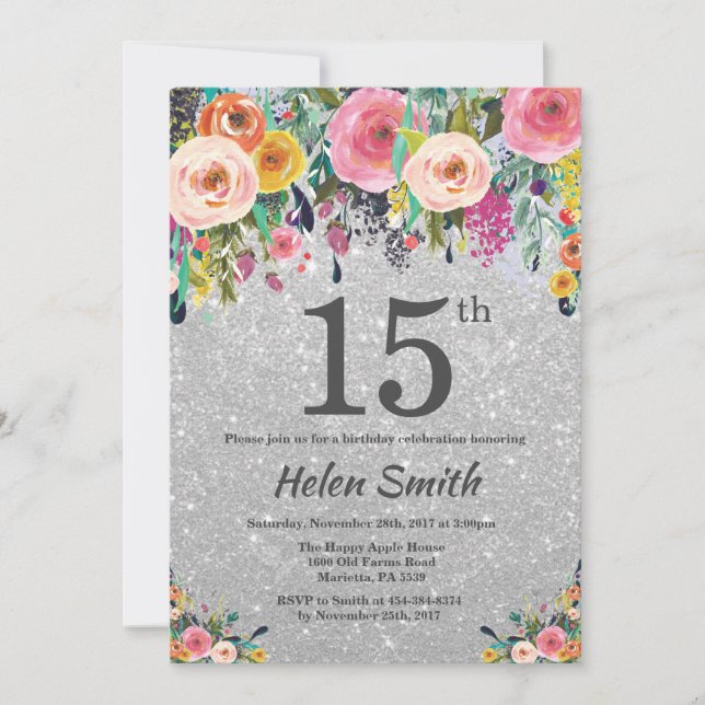 Invitation Parties scintillant d'argent Floral 15e anniversai (Devant)
