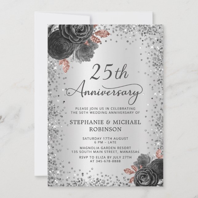 Invitation Parties scintillant d'argent Floral 25e anniversai (Devant)