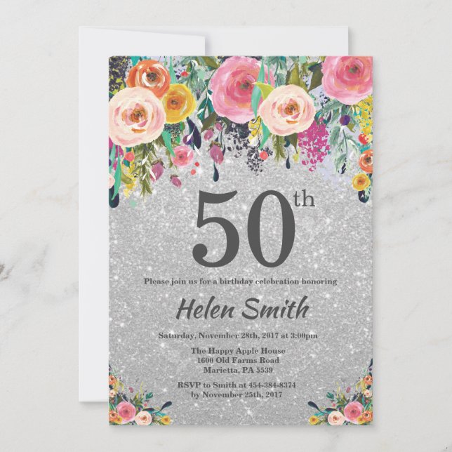 Invitation Parties scintillant d'argent Floral 50e anniversai (Devant)