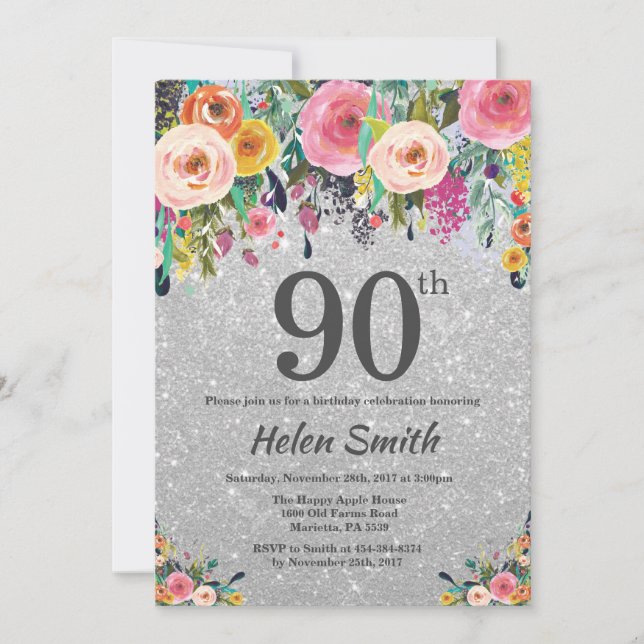 Invitation Parties scintillant d'argent Floral 90e anniversai (Devant)