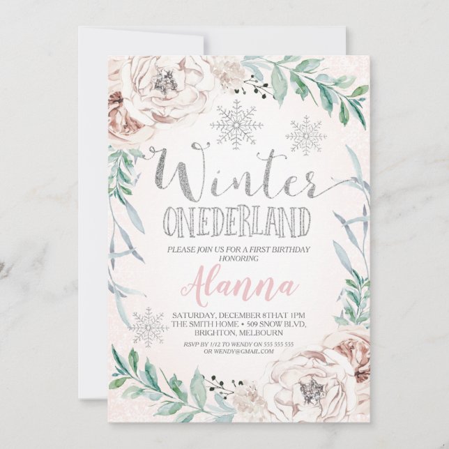 Invitation Parties scintillant d'argent floral Hiver Onederla (Devant)