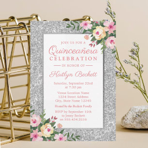 Invitation Parties scintillant d'argent Floral Quinceañera 15