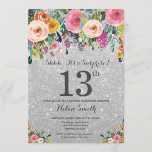 Invitation Parties scintillant d'argent Floral Surprise 13e a