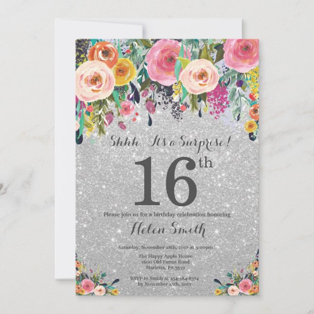 Invitation Parties scintillant d'argent Floral Surprise 16e a (Devant)