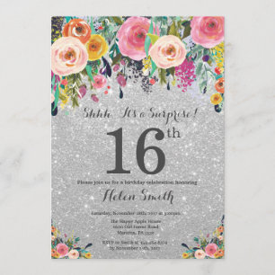 Invitation Parties scintillant d'argent Floral Surprise 16e a