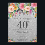 Invitation Parties scintillant d'argent Floral Surprise 40e a<br><div class="desc">Parties scintillant d'argent Floral Surprise 40e anniversaire Invitation pour les femmes. Fleur florale aquarelle. Arrière - plan Parties scintillant en argent. Rose, Jaune, Orange, Fleur Violette. Anniversaire adulte. 13ème 15ème 16ème 18ème 20ème 21ème 30ème 40ème 50ème 60ème 70ème 80ème 90ème 100ème, tout âge. Pour plus de personnalisation, cliquez sur le...</div>