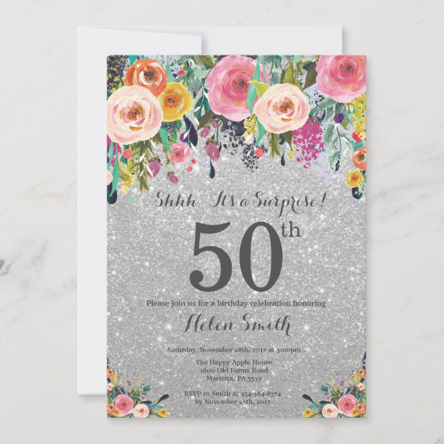 Invitation Parties scintillant d'argent Floral Surprise 50e a (Devant)