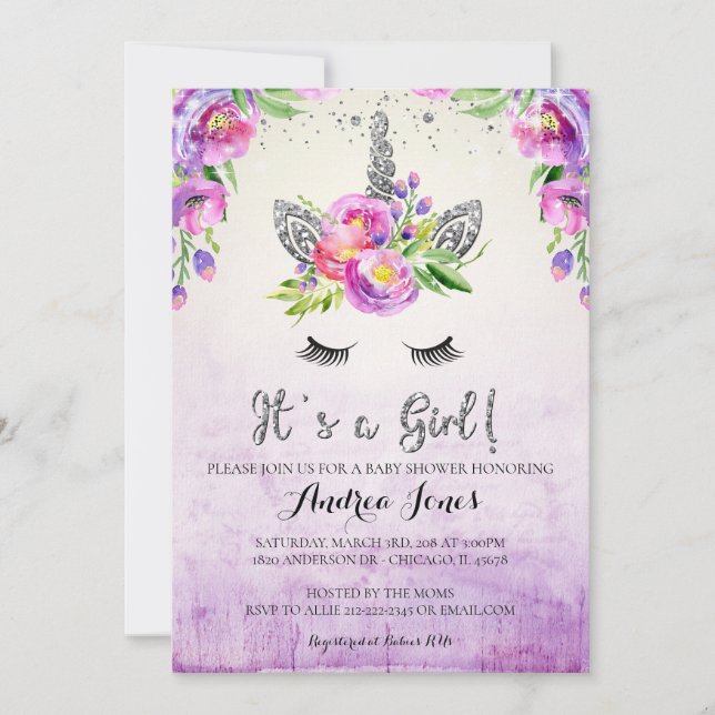 Invitation Parties scintillant d'argent Floral Unicorn Baby s (Devant)