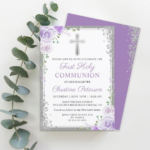 Invitation Parties scintillant d'argent florale pourpre Premi