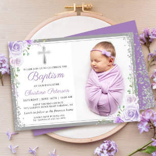 Invitation Parties scintillant d'argent florale violet fille