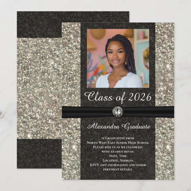 Invitation Parties scintillant d'argent Gem classe de photo d (Devant / Derrière)