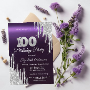 Invitation Parties scintillant d'argent gouttes foncé violet