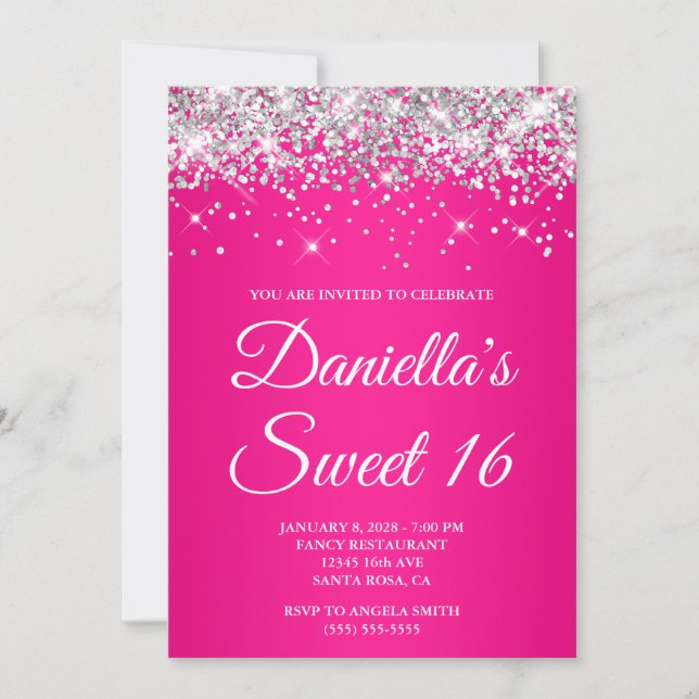 Invitation Parties scintillant d'argent Hot rose Ombre Sweet  (Devant)