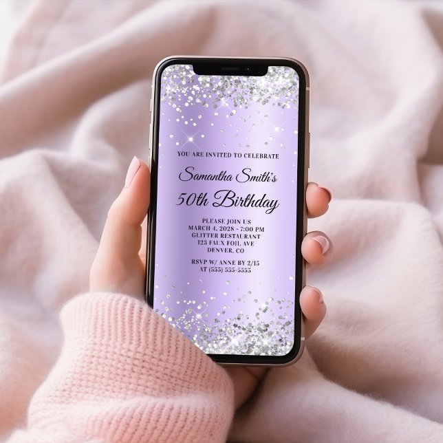 Invitation Parties scintillant d'argent Lavender satin 50e an (Silver Glitter Lavender Satin 50th Birthday Invitation)