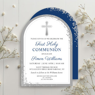 Invitation Parties scintillant d'argent Marine Bleu Premier A