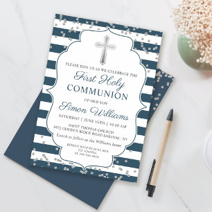 Invitation Parties scintillant d'argent Marine Bleu rayures P