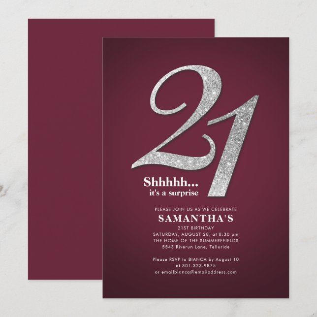 Invitation Parties scintillant d'argent moderne 21e anniversa (Devant / Derrière)