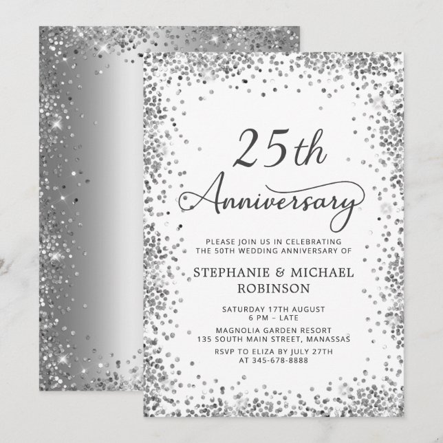 Invitation Parties scintillant d'argent moderne 25e anniversa (Devant / Derrière)