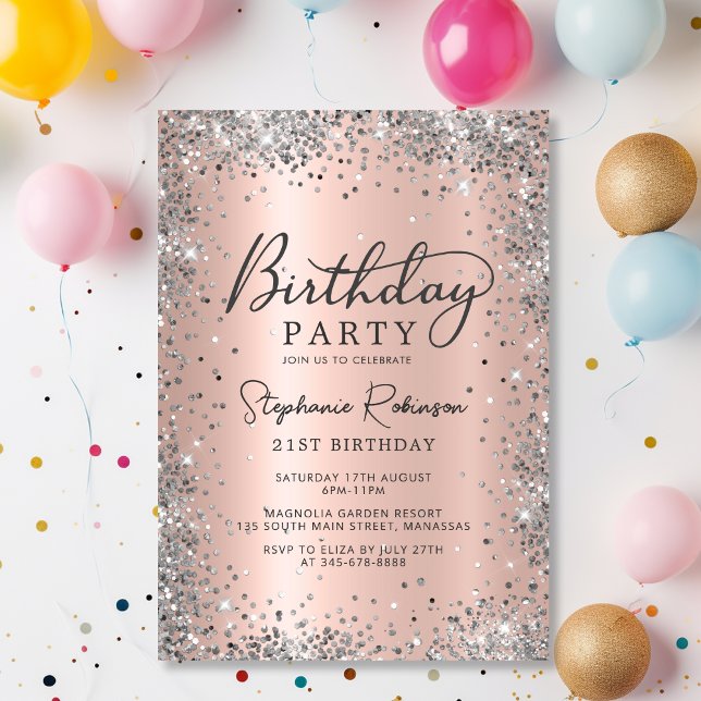 Invitation Parties scintillant d'argent moderne et or Rose 21 (Créateur téléchargé)