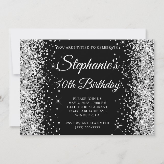 Invitation Parties scintillant d'argent Monogramme noir 50e a (Devant)