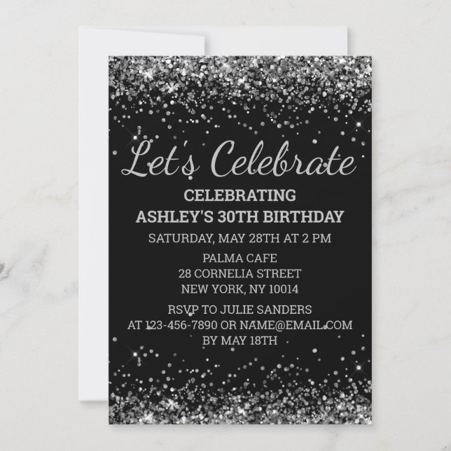 Invitation Parties scintillant d'argent noir 30e anniversaire (Devant)