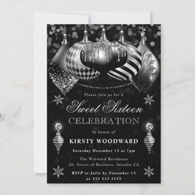 Invitation Parties scintillant d'argent noir Baubles Noël Swe (Devant)