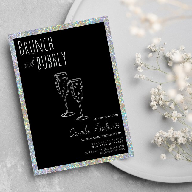 Invitation Parties scintillant d'argent noir Brunch Fête des  (Black Silver Glitter Brunch Bubbly Bridal Shower )